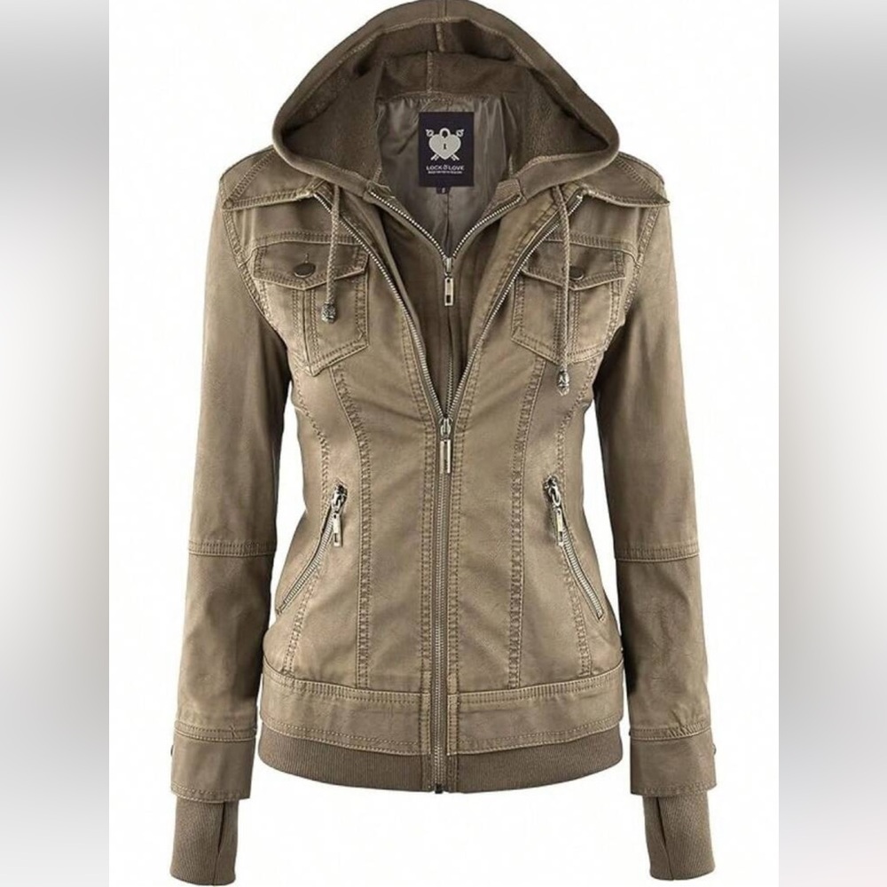 Lock & Love brown faux leather hooded motorcycle jacket size XL